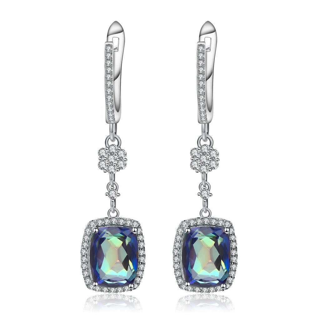 Aretes alargados de Cuarzo místico tornasol con flor de Zirconia - Cherine Jewelry