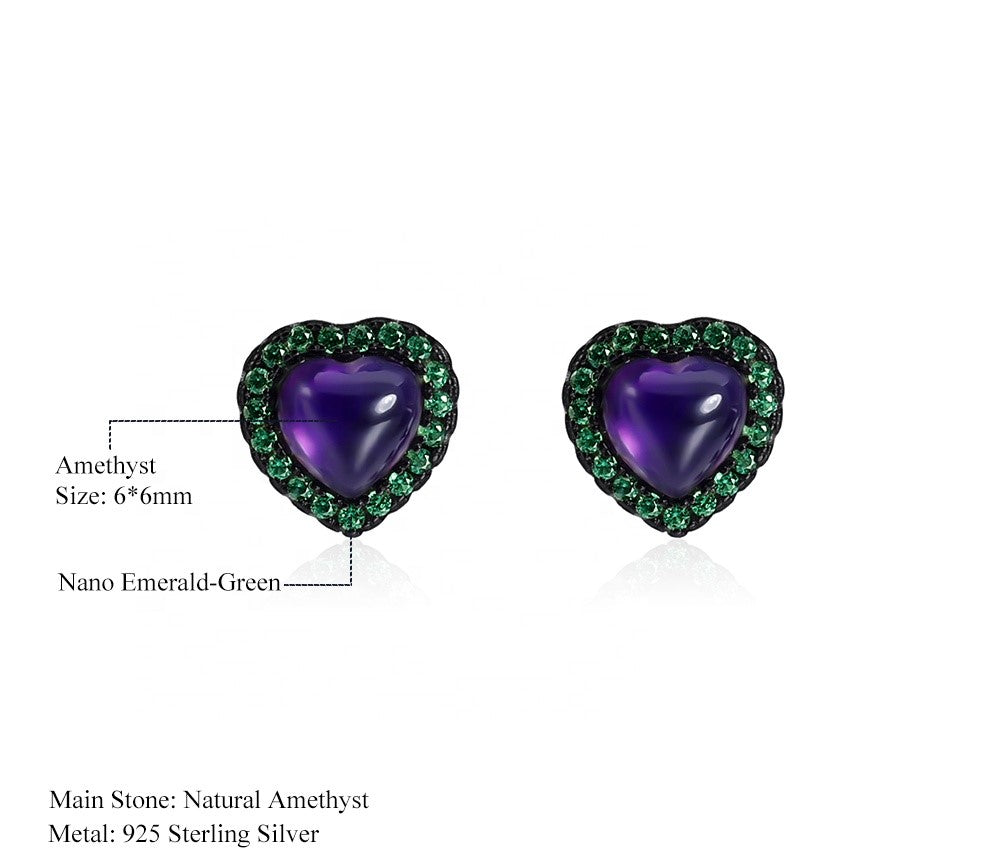 Aretes stud de corazón de Amatista con Nano Esmeralda - Cherine Jewelry