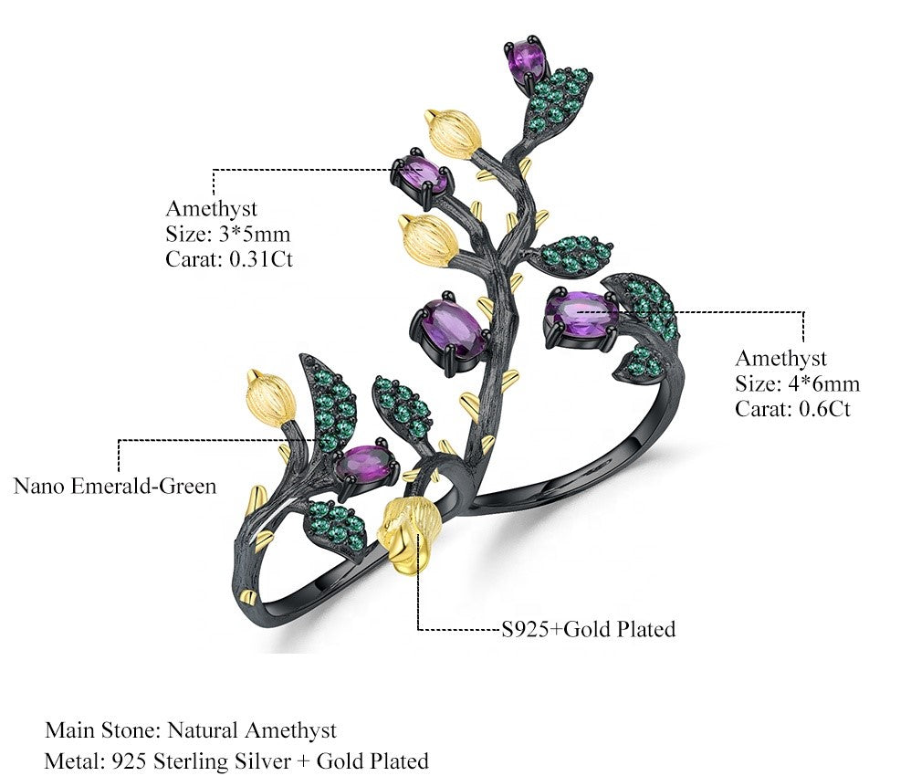 Anillo doble de flores con Amatista - Cherine Jewelry