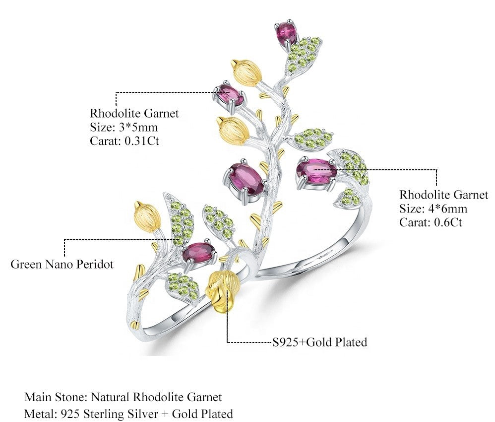 Anillo doble de flores con Granate Rodolita y Nano Peridoto - Cherine Jewelry