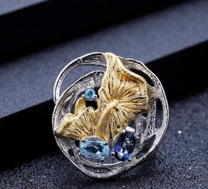 Anillo de flores de Topacio Azul Suizo y Cuarzo Místico - Cherine Jewelry