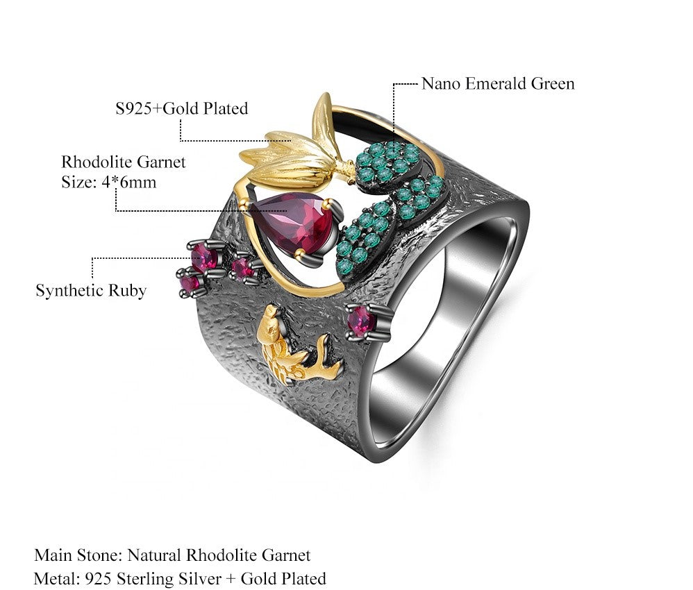 Anillo de flores de Granate, Nano Esmeralda y Rubí - Cherine Jewelry