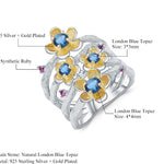 Anillo de flores con Topacio Azul London y Rubí - Cherine Jewelry