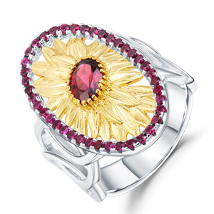 Anillo de flor de Granate Rodolita y Rubí - Cherine Jewelry