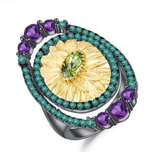 Anillo de flor de Peridoto, Amatista y Nano Esmeralda - Cherine Jewelry