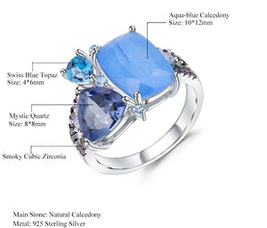 Anillo multi-stone de Calcedonia, Cuarzo Místico y Topacio Azul Suizo - Cherine Jewelry
