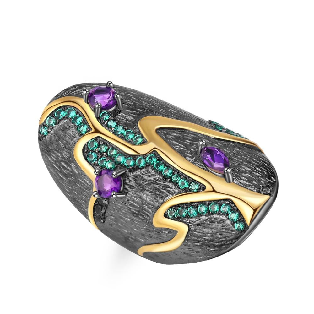 Anillo ovalado de Amatista y Nano Esmeralda - Cherine Jewelry
