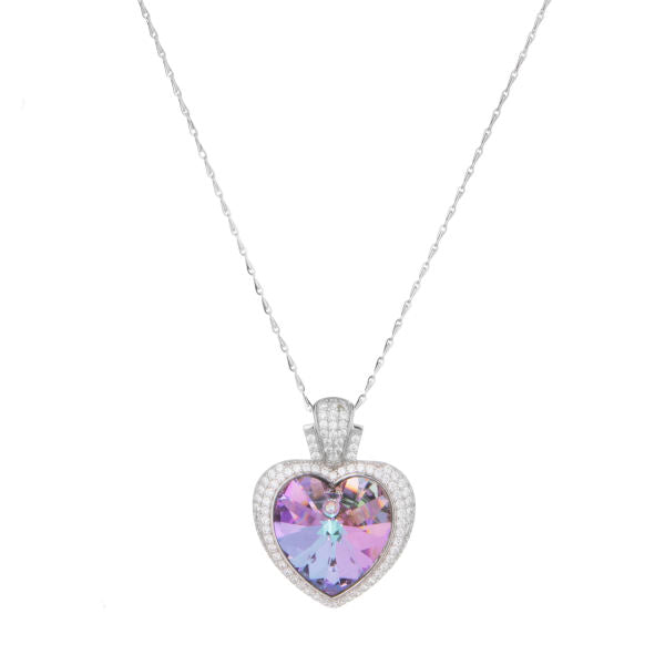 Collar de corazón de cristal Swarovski lila tornasol rodeado de cristales